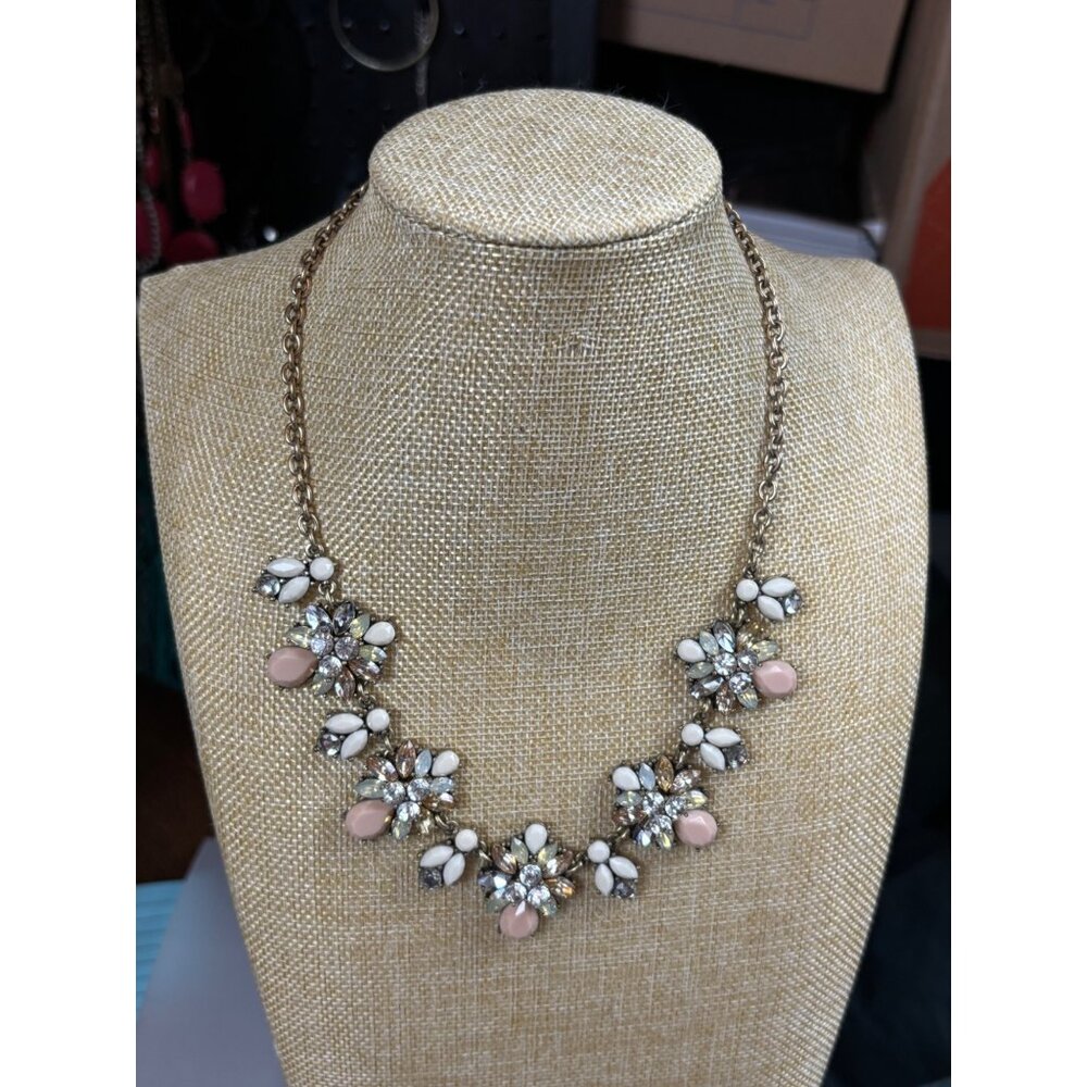 Vintage-Style Goldtone Floral Statement Necklace With White & Blush Pink Enamel